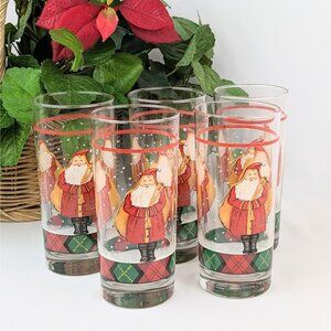 Set of 5 Vintage 1990s Christmas Dinner Glasses Father Christmas Red Santa Claus